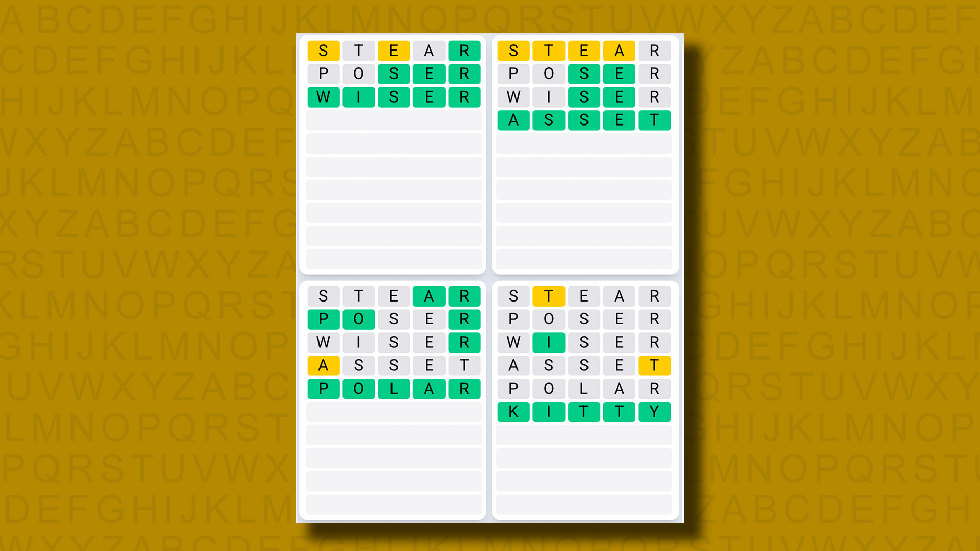 Quordle Daily Sequence answers for game 1277 on a yellow background