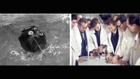 The Soviet Zond 5 rentry capsule in the ocean (left), Soviet scientists measure Zond 5 tortoises after their circumlunar flight in September 1968.