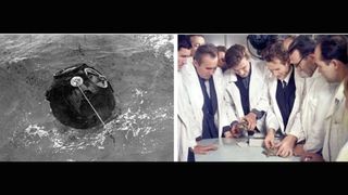 The Soviet Zond 5 rentry capsule in the ocean (left), Soviet scientists measure Zond 5 tortoises after their circumlunar flight in September 1968.