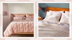A beige checked background with two bedroom pictures