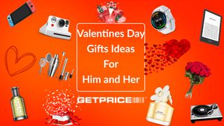 Orange/ red background with heading that says Valentines Day Gift Ideas for Him and Her surrounded by flowers, love hearts and various gift ideas