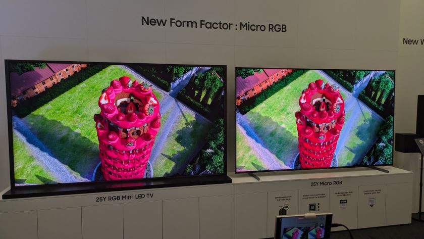 An RGB mini-LED TV (left) next to Samsung&#039;s micro-RGB TV showing a red tower 