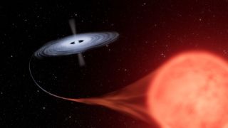 An artist's impression of a binary system where a red giant star is being stripped of its matter by a white dwarf. The stolen matter forms a spiraling disc onto the white dwarf.