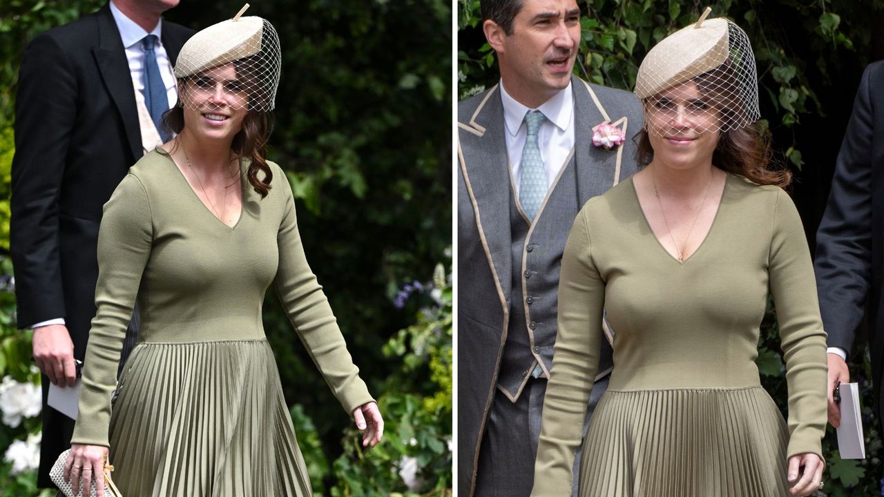 Composite of Princess Eugenie wearing an olive green midi dress to the wedding of the Duke and Duchess of Westminster 