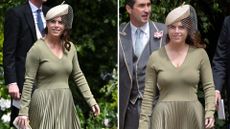 Composite of Princess Eugenie wearing an olive green midi dress to the wedding of the Duke and Duchess of Westminster 