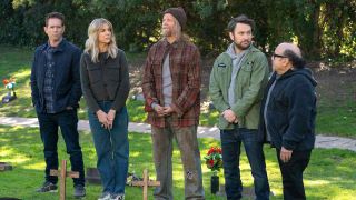 dennis, dee, cricket, charlie and frank standing in cemetery in It's Always Sunny in Philadelphia Season 16