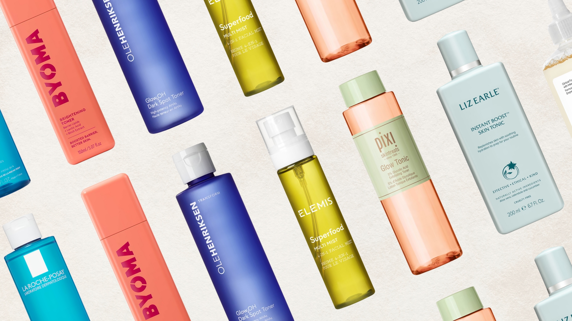 Collage of the best toners on a beige background (L-R) La Roche Posay, Byoma, Ole Henriksen, Elemis, Pixi, Liz Earle and The Ordinary