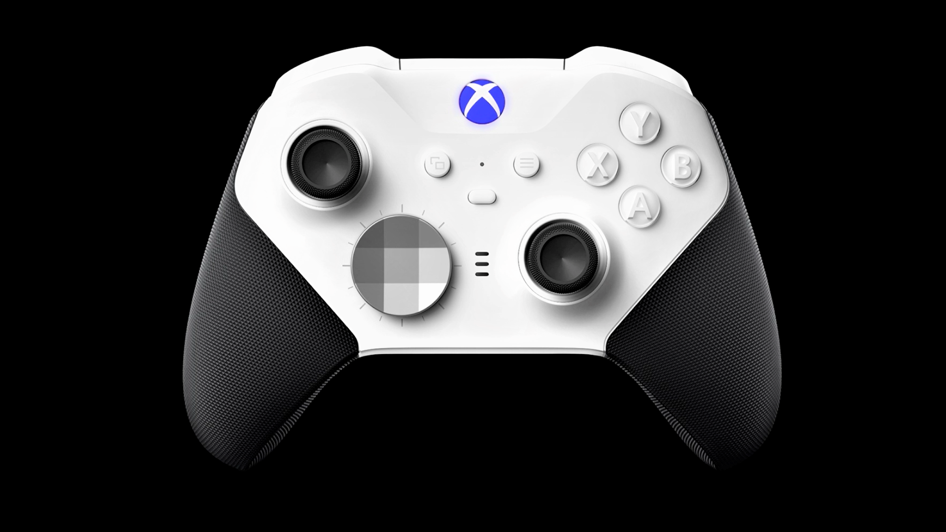 Black and white Xbox Elite Series 2 controller on black background showcasing the new RGB home button which is purple in this instnace