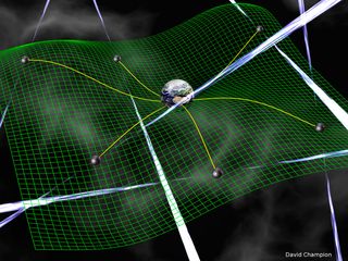 This artist's illustration shows how a Pulsar Timing Array uses multiple pulsars to detect the passing of a gravitational wave. An interruption in the arrival time of the pulsar's light flashes could be caused by multiple variables; once scientists have accounted for all those variables, they can look for changes caused by a gravitational wave. The arrival time should change for multiple pulsars in the same region of the sky.
