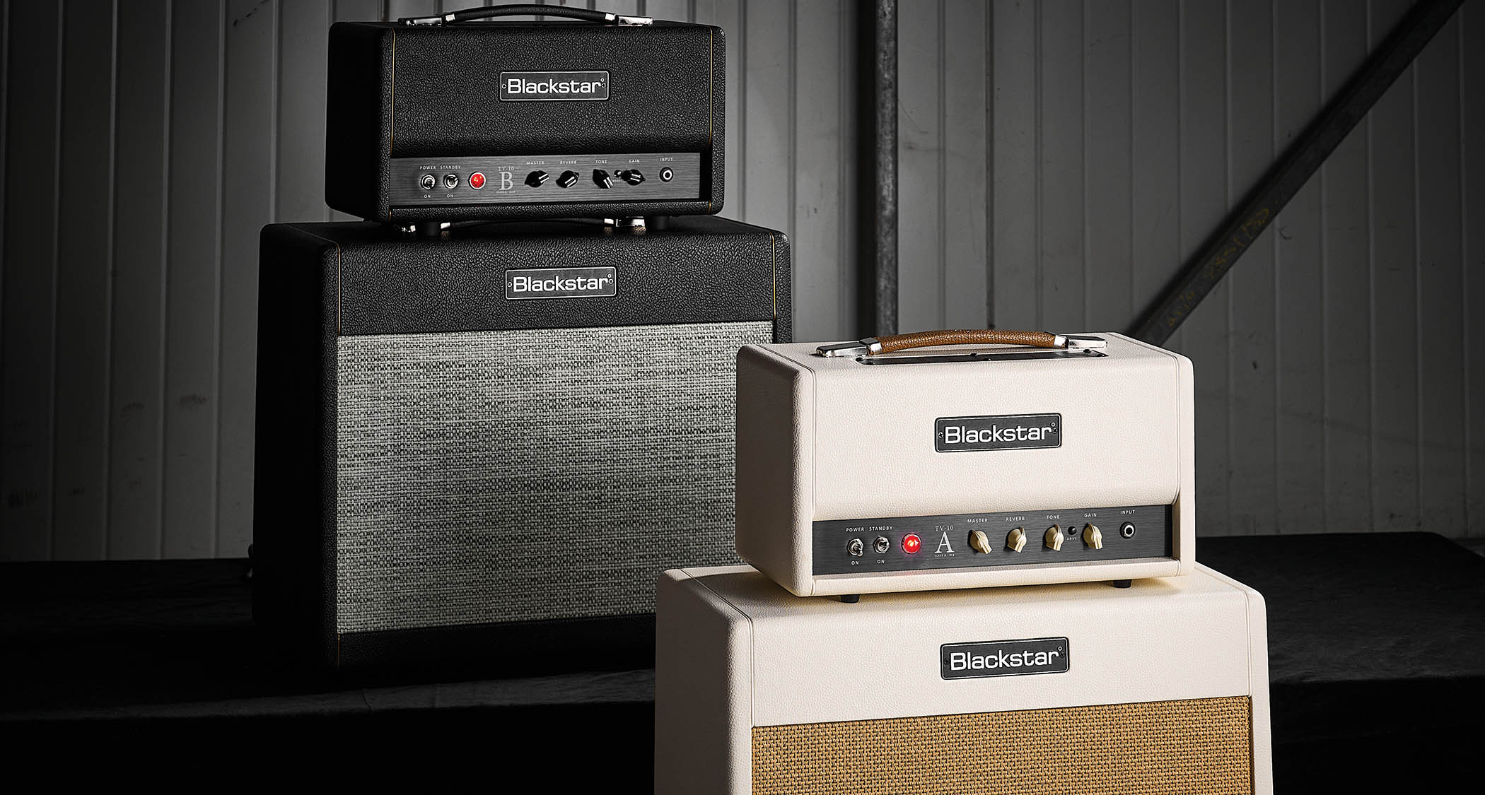 Blackstar's TV-10BH and TV-10AH heads and matching cabinets photographed in an industrial setting