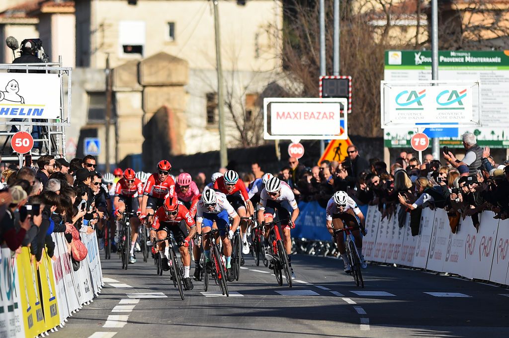 LA SEYNESURMER FRANCE FEBRUARY 18 Caleb Ewan of Australia and Team Lotto Soudal Anthony Turgis of France and Team Total Energies and Nacer Bouhanni of France and Team Arka Samsic sprint during the 54th Tour Des Alpes Maritimes Et Du Var 2022 Stage 1 a 176km stage from Saint Raphal to La SeynesurMer TDHV22 on February 18 2022 in La SeynesurMer France Photo by Dario BelingheriGetty Images