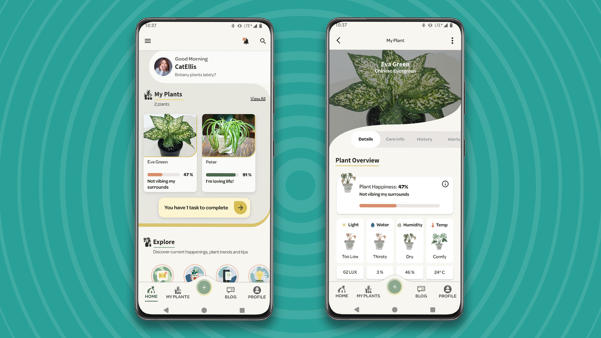 Screengrabs from Willow app showing plant health overview