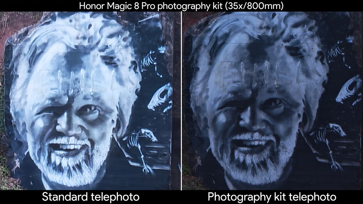 Low light shots comparing the Honor Magic 8 Pro's built-in telephoto lens with the official photography kit's telephoto extender