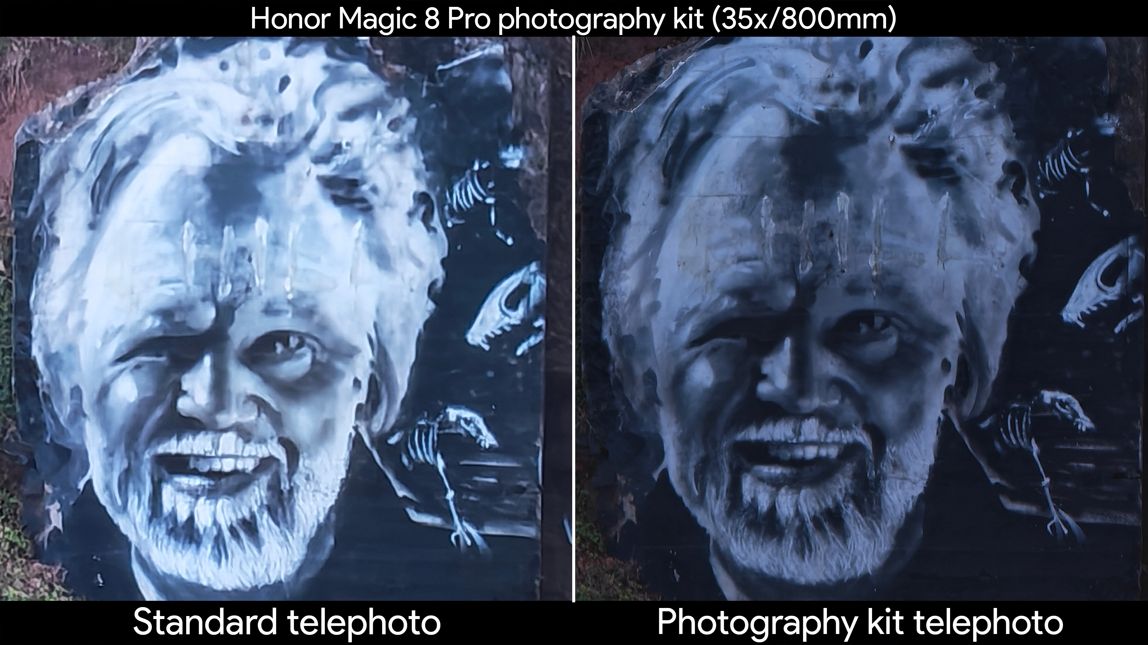 Low light shots comparing the Honor Magic 8 Pro's built-in telephoto lens with the official photography kit's telephoto extender