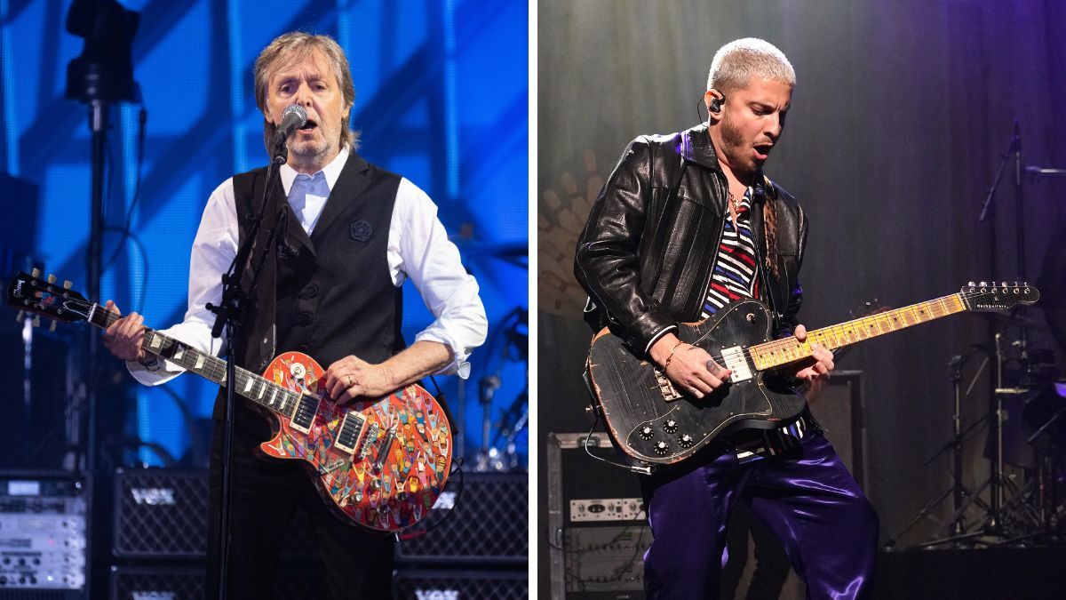 Left-Paul McCartney performs on The Pyramid Stage during day four of Glastonbury Festival at Worthy Farm, Pilton on June 25, 2022 in Glastonbury, England; Right-Andrew Watt performs onstage at Beacon Theatre on February 04, 2022 in New York City