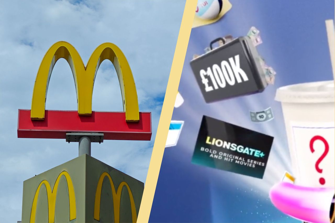 McDonald&#039;s sign split layout, with McDonalds Monopoly double peel