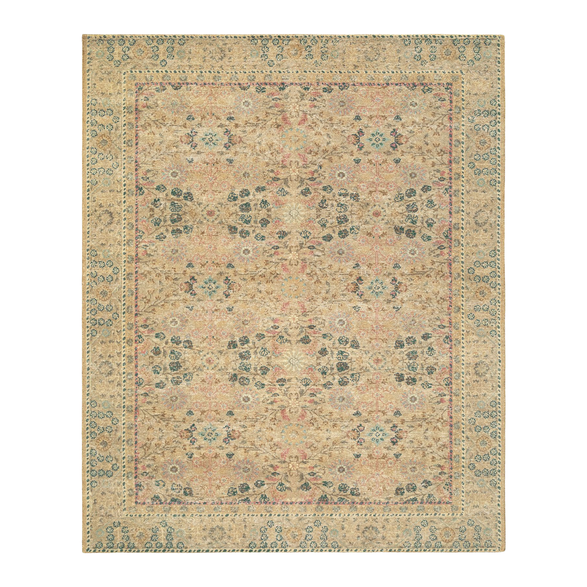 an area rug with a repetitive faded floral motif