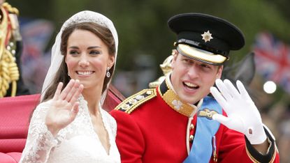 prince william and princess catherine elizabeth kate into the royal carriage returns to buckingham palace after their wedding at westminster abbey photo by stephane cardinalecorbis via getty images