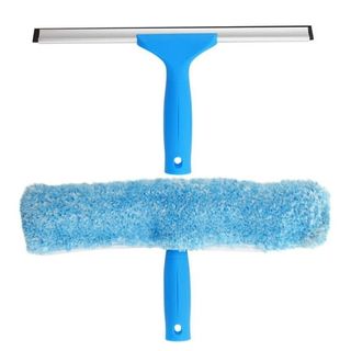 A blue handed squeegee tool with a blue microfiber attachment for the rubber