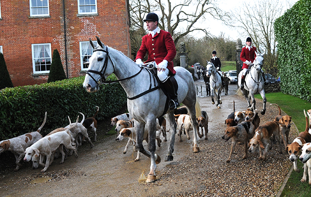 Rowan Cope (Master and Huntsman for the day on his Birthday) outside Fawsley Hall, during the Pytchley Hunt only grey (