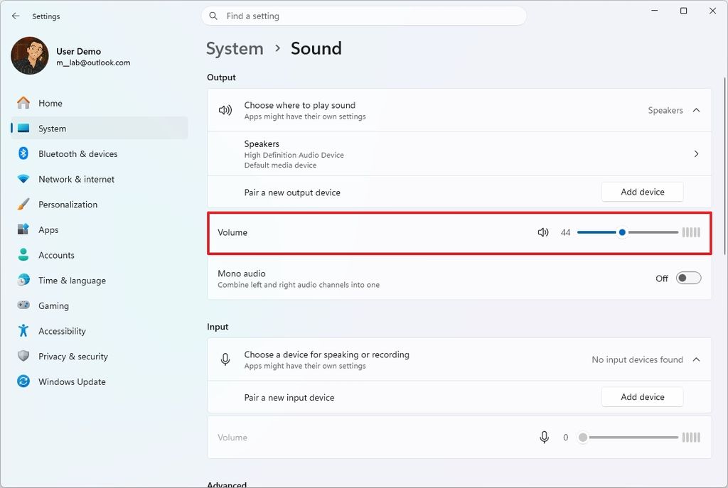 Sound settings new volume indicator