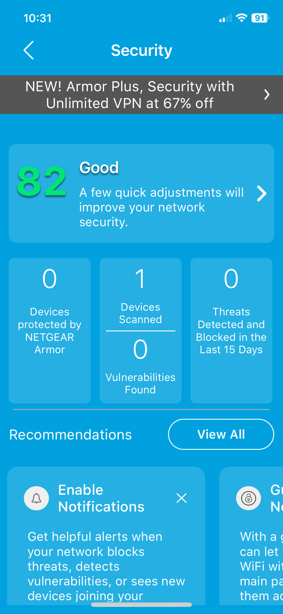 Netgear Orbi 770 app, security page