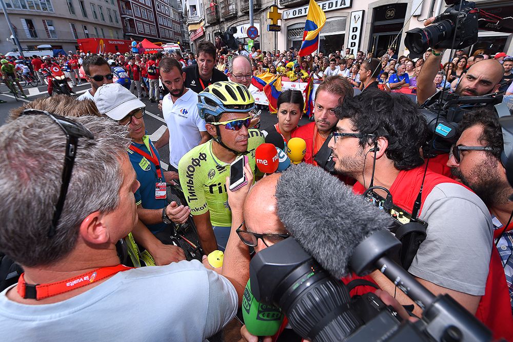 Alberto Contador is swarmed by media after stage 5 at the Vuelta