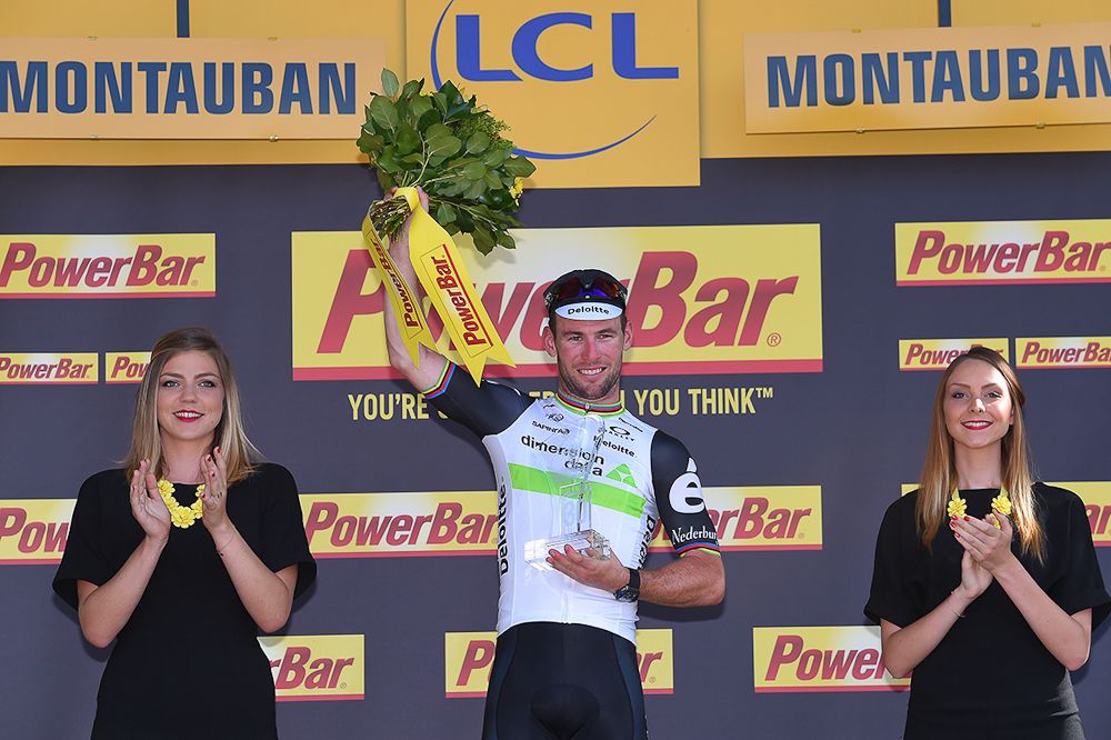 Mark Cavendish on the stage 6 podium after his win.