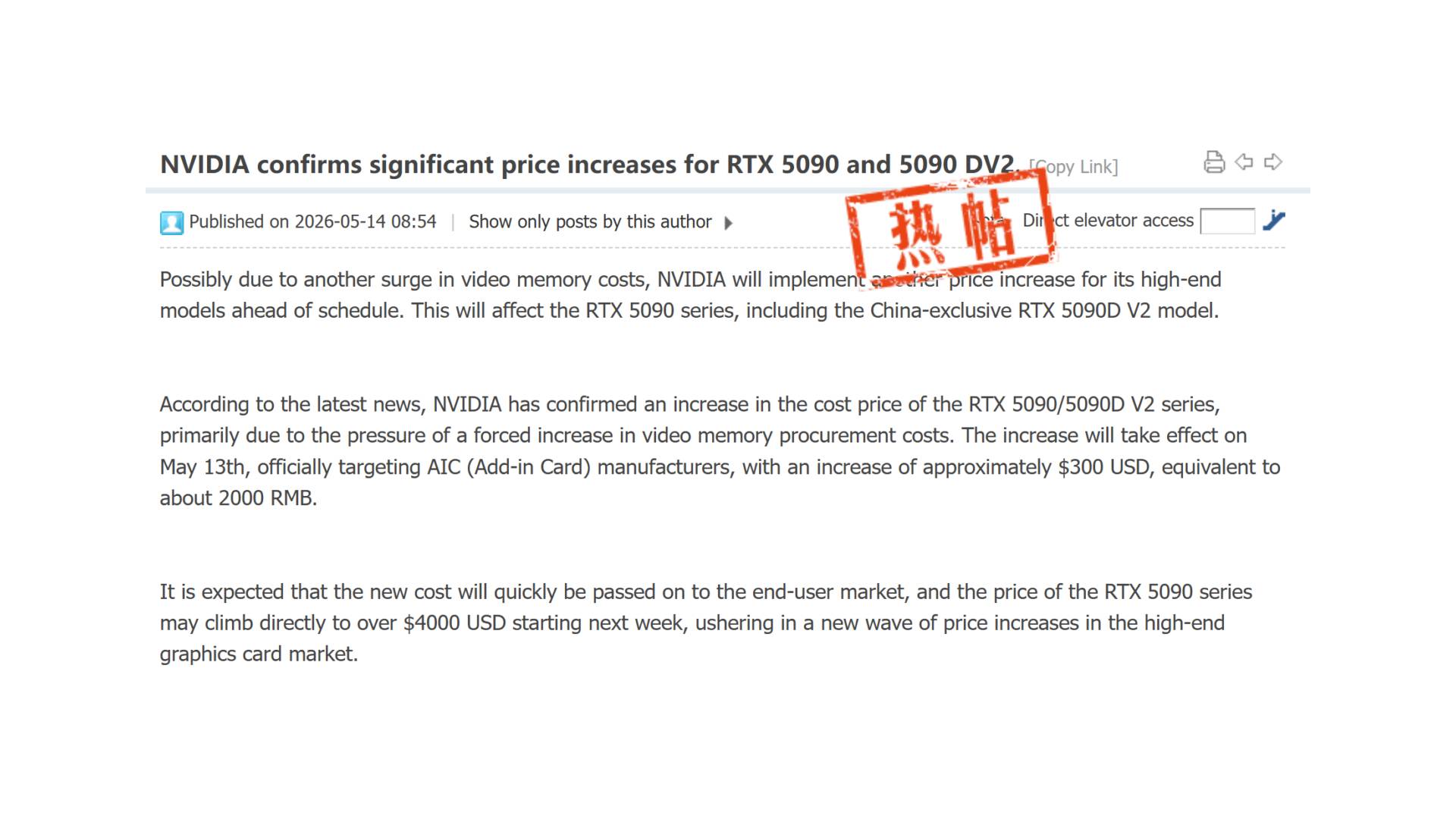 Screenshot of translated Board Channels post detailing RTX 5090 board price increases.