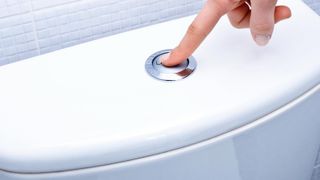 Finger on hand pushing dual flush button on top of toilet cistern
