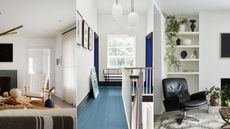 three white interior schemes: living room, hallway and living room