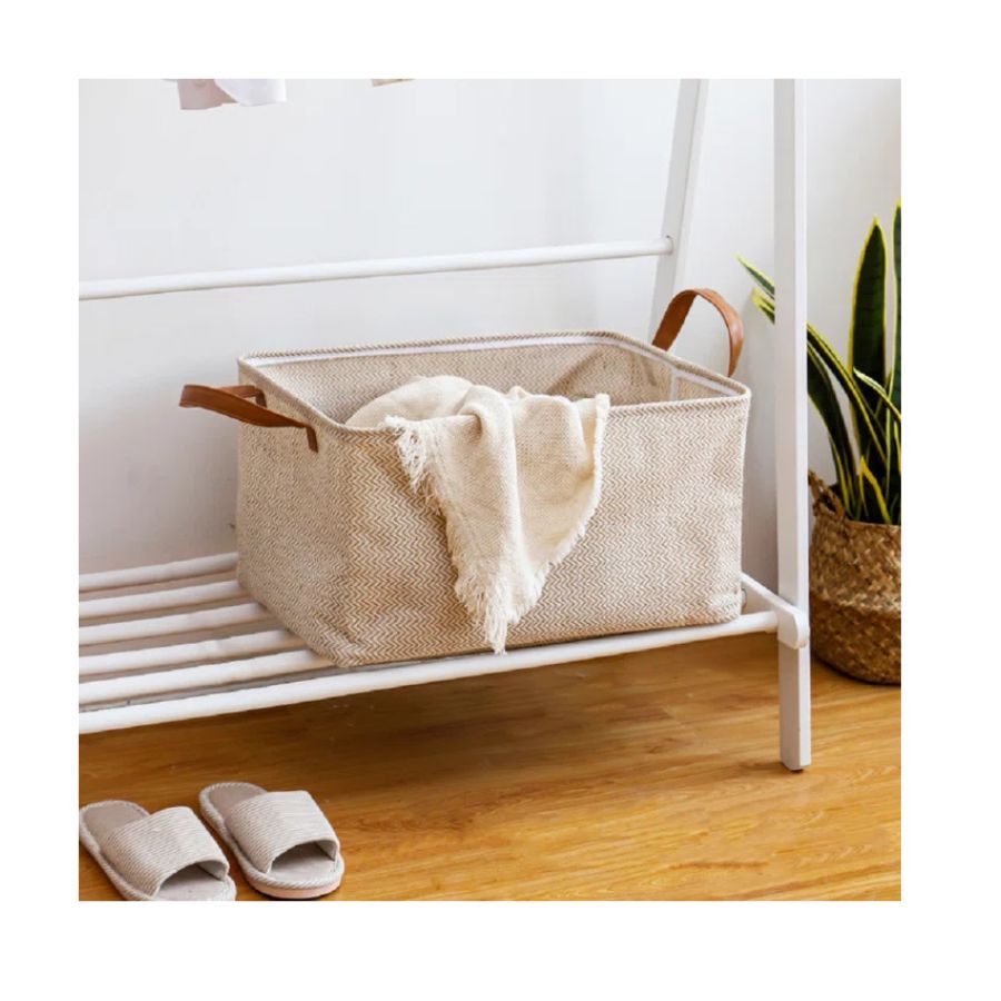 jute basket on hallway storage shelf
