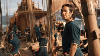 Maxim Baldry as Isildur on board on a ship in The Rings of Power