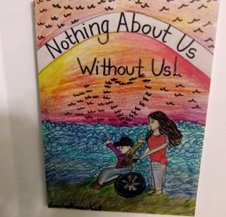 Artwork depicting young woman and boy in wheelchair in outdoor scene, with the words "Nothing About Us Without Us"