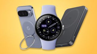 Google Pixel accessories on yellow background