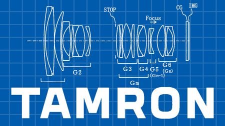 Tamron logo with a patent diagram for the 28-70mm f/2 lens