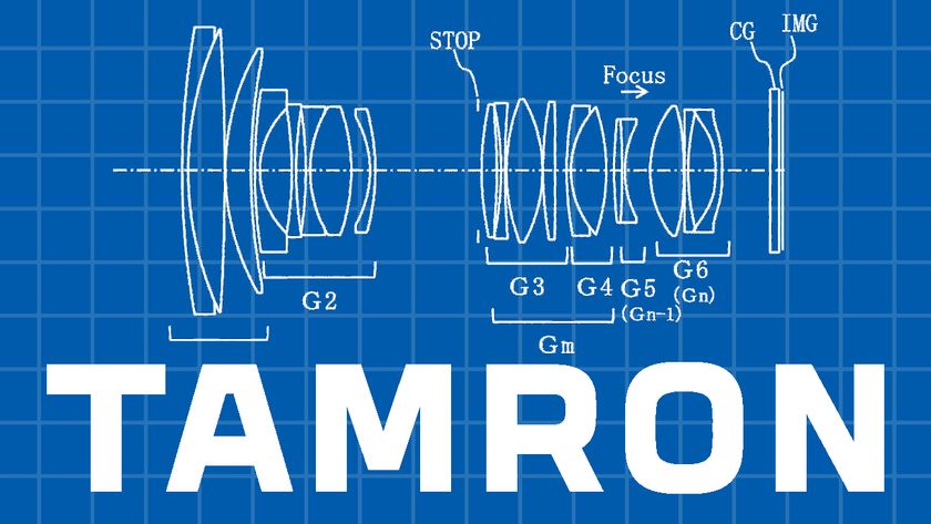 Tamron logo with a patent diagram for the 28-70mm f/2 lens