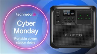 A Bluetti portable power station next to the TechRadar logo and text that read Cyber Monday portable power station deals