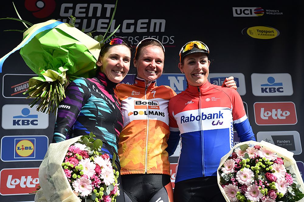 2016 Gent-Wevelgem podium: Lisa Brennauer (Canyon-SRAM), Chantal Blaak (Boels-Dolmans), Lucinda Brand (Rabo-Liv)