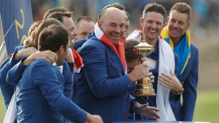 Thomas Bjorn celebrating with the European team after winning the 2018 Ryder Cup