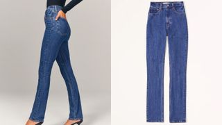 Model wearing Abercrombie slim jeans to illustrate the best jeans for women over 60