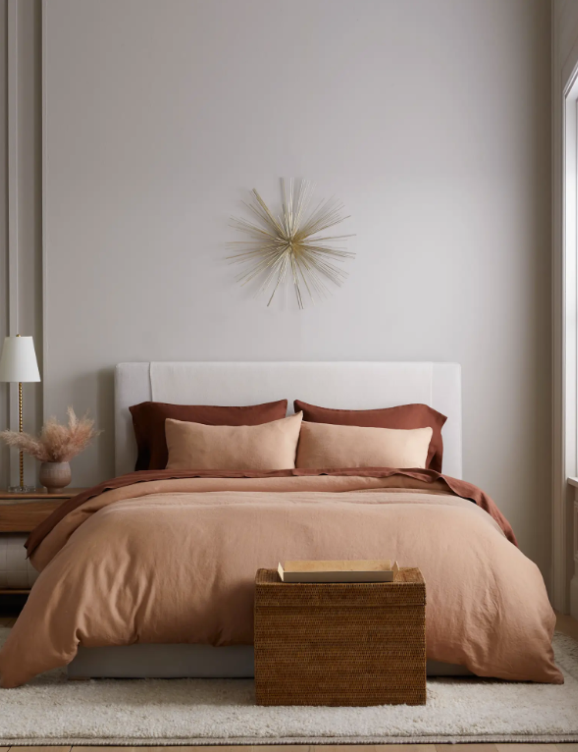 Quince European linen sheets in Desert Sunset pictured in a modern white bedroom