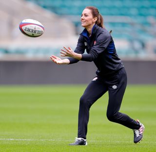 Catherine, Duchess of Cambridge takes part in an England rugby training session