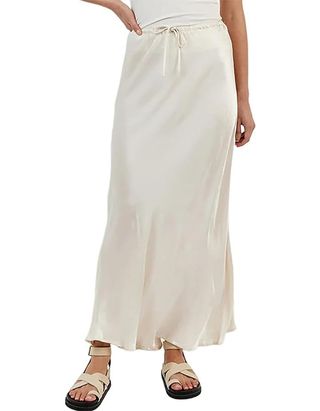 Meladyan Womens Woman Drawstring High Elastic Waist Maxi Long a Line Flare Solid Slim Fitted Going Out Casual Midi Skirt, White, Large