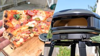 A split image showing a slice of pizza on the left and the Gozney Arc XL on the right