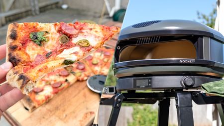 A split image showing a slice of pizza on the left and the Gozney Arc XL on the right