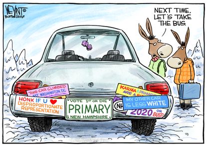 Political Cartoon U.S. New Hampshire Primary Dems car ride