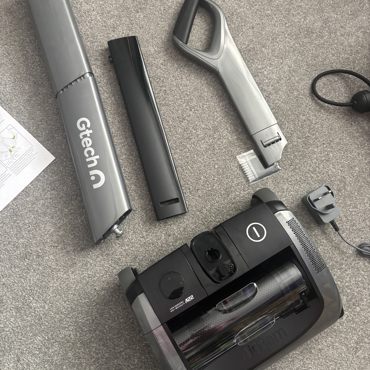 flat lay of parts for Gtech AirRAM 2 Core Cordless Vacuum