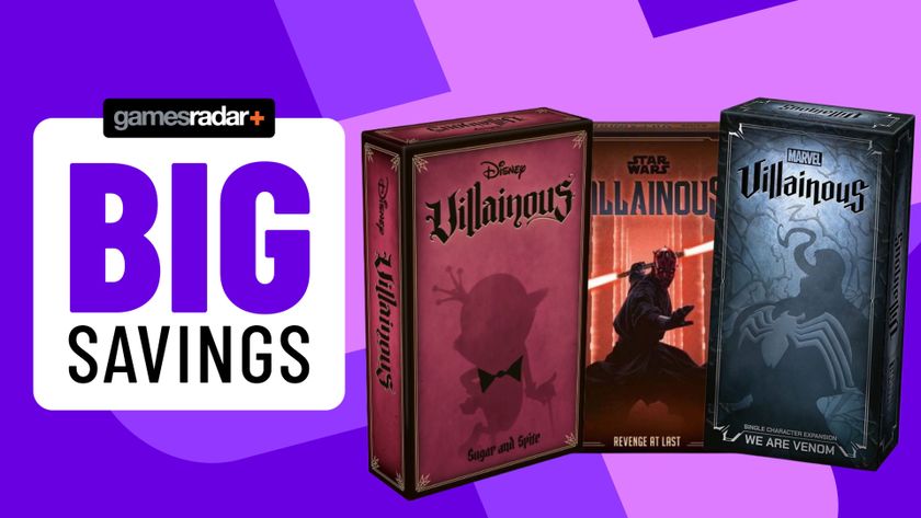 Purple background with gamesradar logo embossed on it. A badge reading &quot;big savings&quot; beside three Villainous games: Disney Villainous Sugar and Spite, Star Wars Villainous Revenge at Last, and Marvel Villainous We Are Venom.