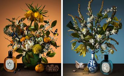 Still life of two bouquets, one blue and one orange 